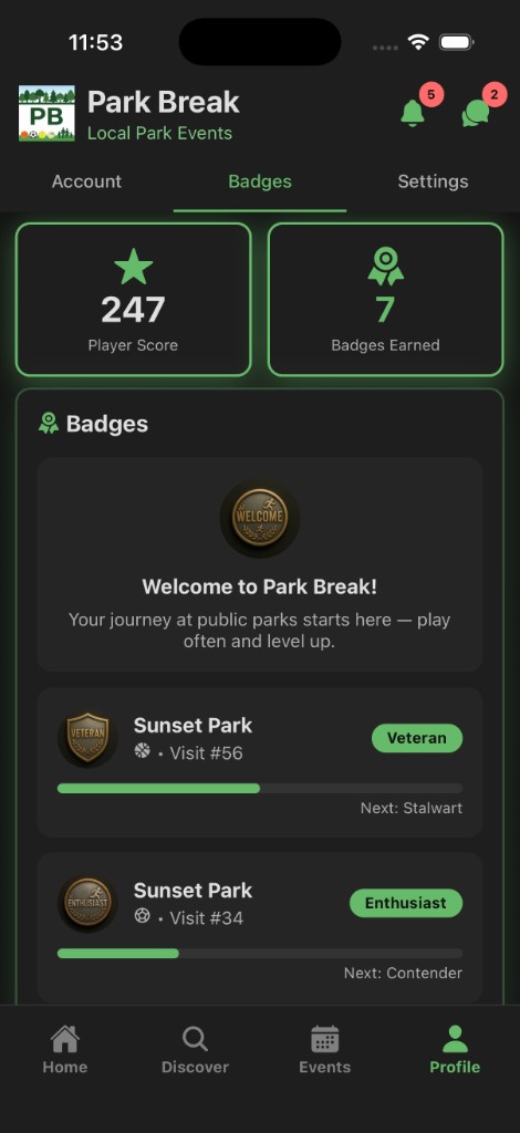Badges tab: player score and badges earned, welcome badge, and park sport badges with tier and progress toward the next tier.