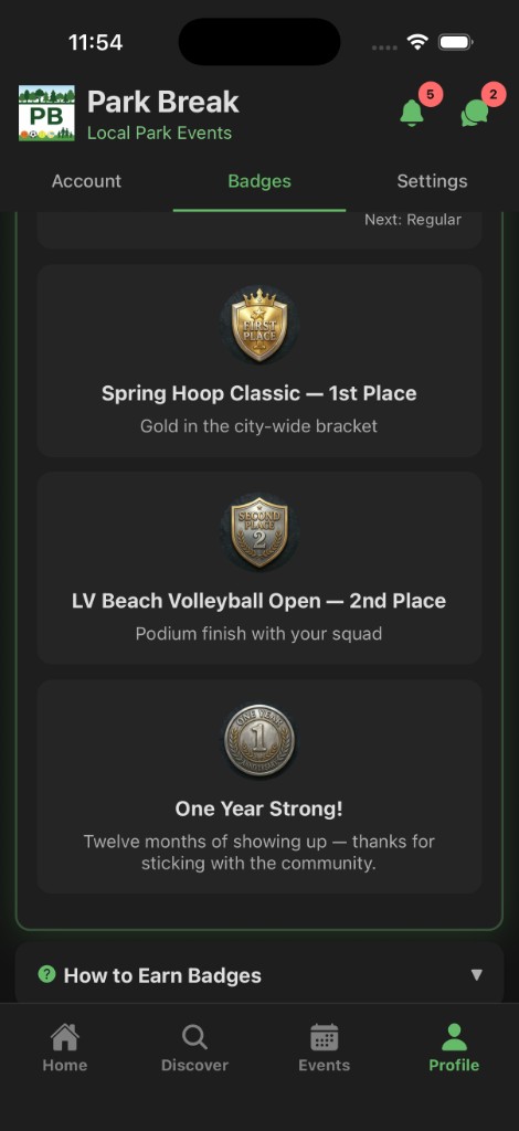 Badges tab: tournament placement badges, one-year loyalty badge, and how to earn badges.