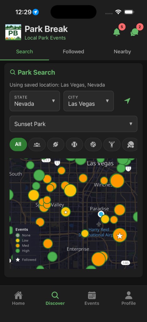 Discover map for Las Vegas with Sunset Park selected, sports icons, and View Events.