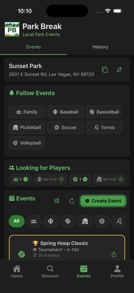 Events tab: Sunset Park, follow sports, looking for players, and start of the list.