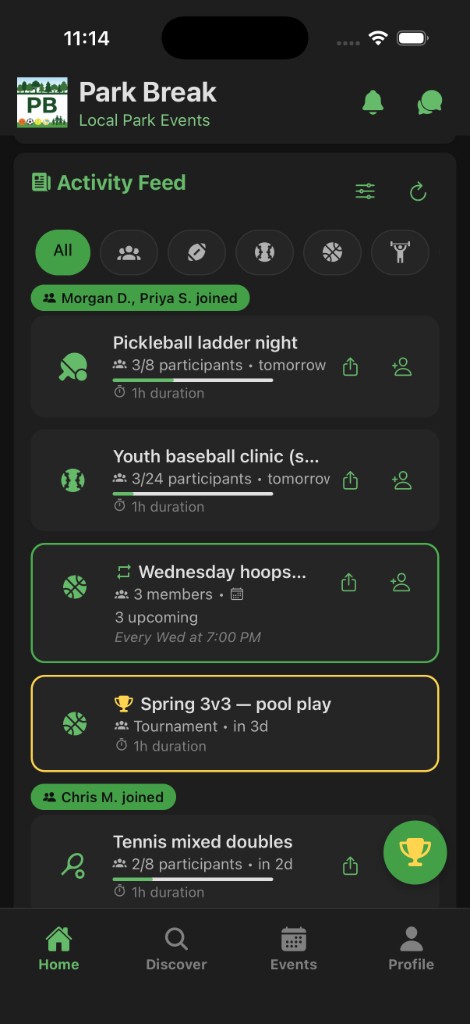 Home tab: activity feed with friend joins, sports at followed parks, series, and tournaments.