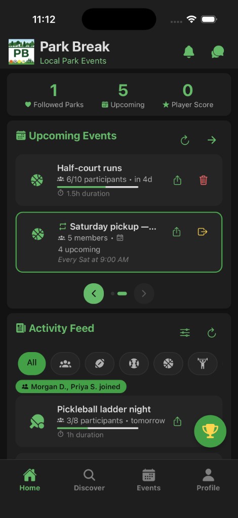 Home tab: upcoming events and series — second page with half-court runs and Saturday pickup series.