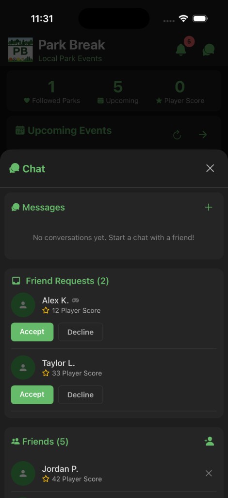 Chat: messages section, two incoming friend requests with accept and decline, and friends list.