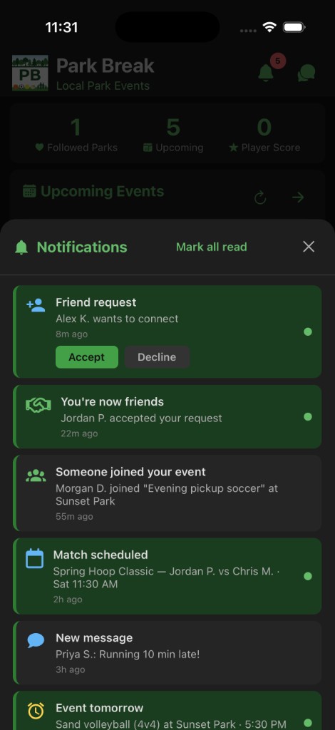 Notifications: friend requests, friend accepted, event joins, messages, and reminders with unread badges on the bell.