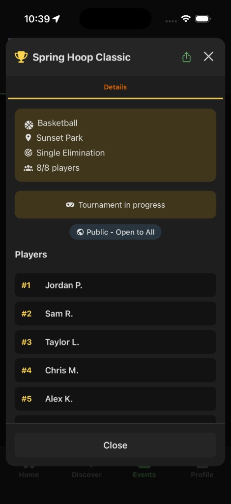 Tournament details: sport, location, format, status, and player list (top of screen).